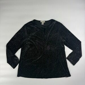 Notations Cardigan Top Women's 1X Black Velvet Silver Glitter Swirl Long Sleeve